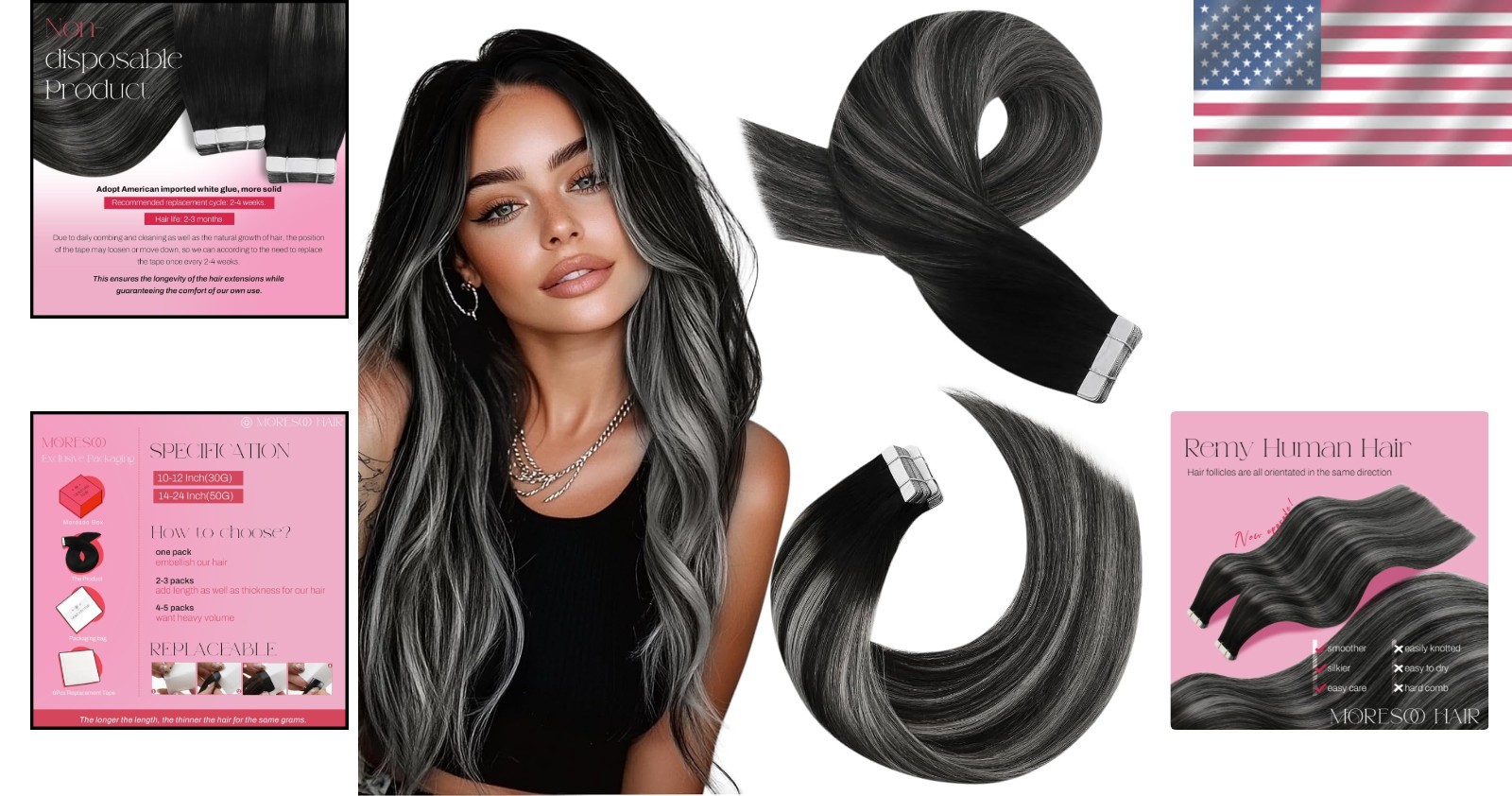 Real Hair Balayage Extensions – Black to Silver Tape in Hair