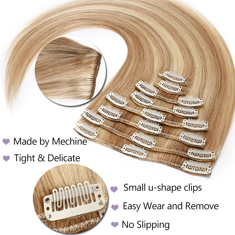 100% Real Remy Human Hair Extensions Invisible Clip in 8pcs Full Head Ombré Hair