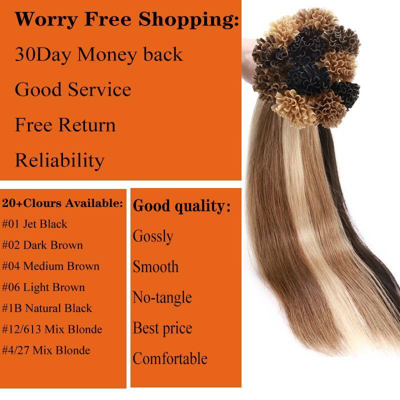 Fusion Keratin Glue Remy Human Hair Extensions Nail U Tip Pre Bonded Highlight//