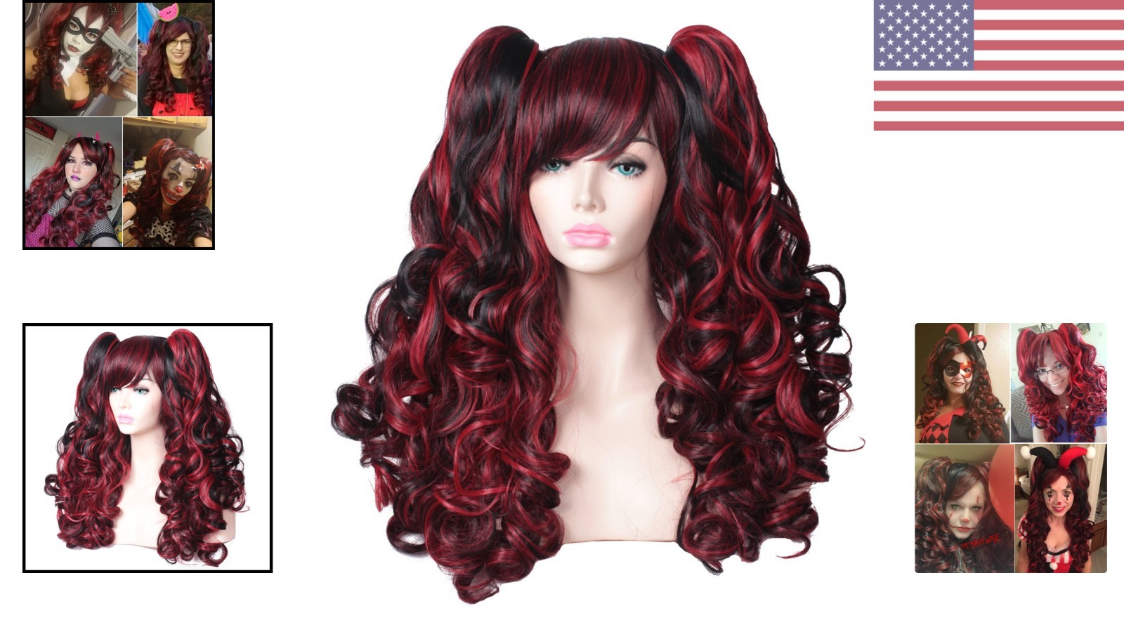 Long Curly Multi-Color Cosplay Wig with 2 Ponytails Black with Red