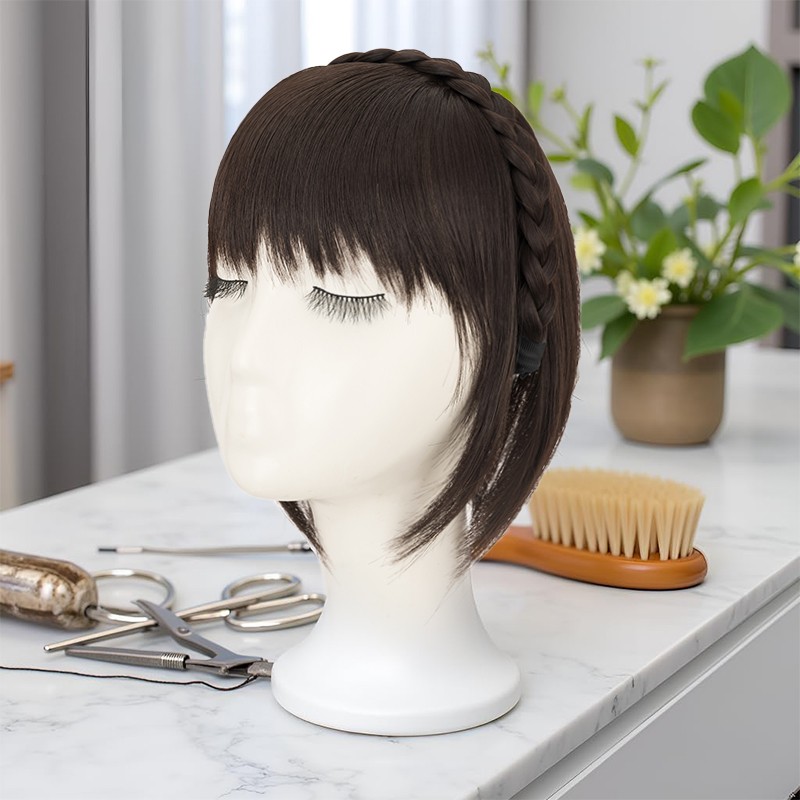 Headband Wig with Front Bangs + Topper Hair Headband Braid Wig for Women Girls