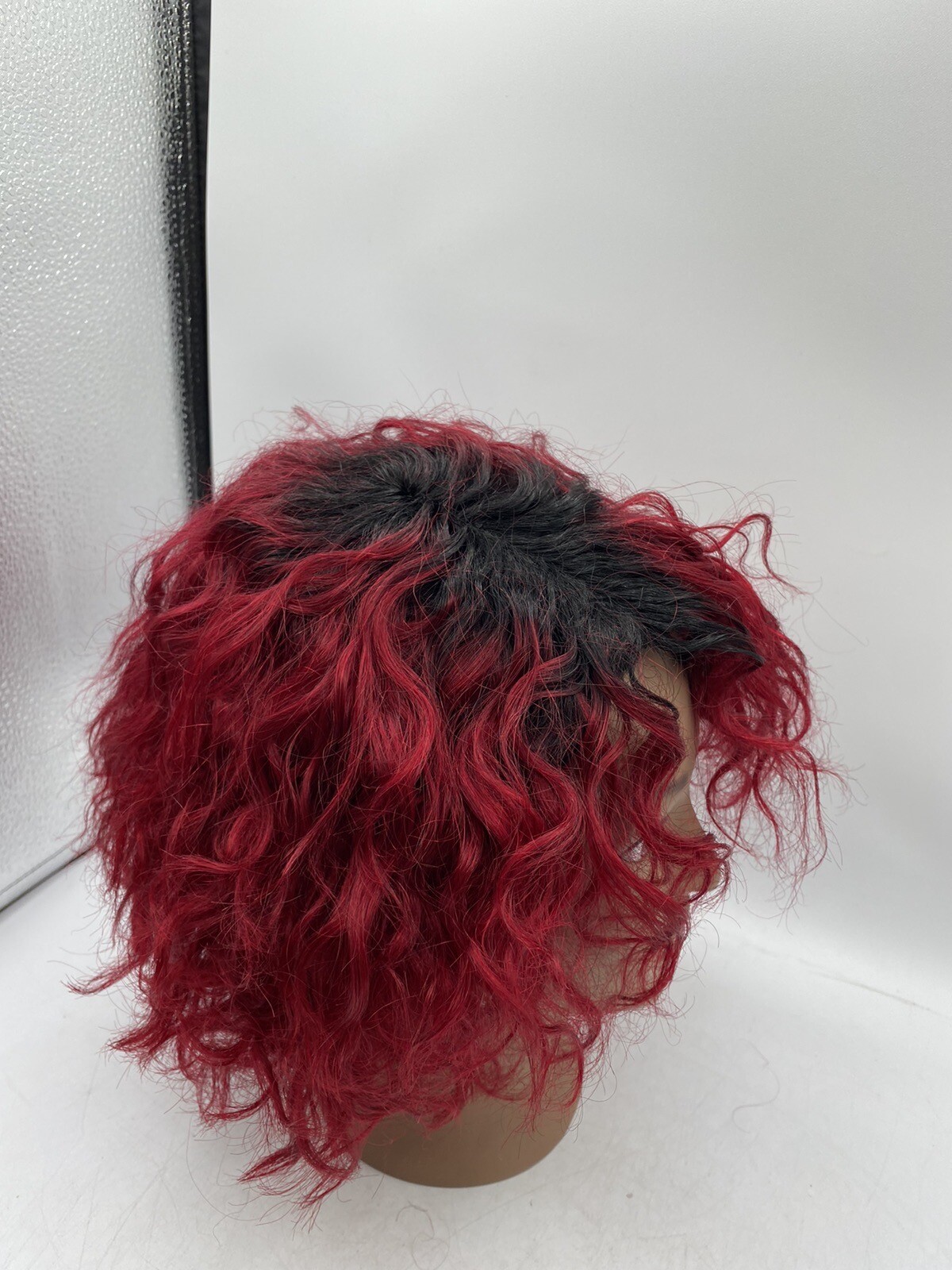 Quantum Love Human Hair Short Side Part Curly Wig Ombre Black/Burgundy Red