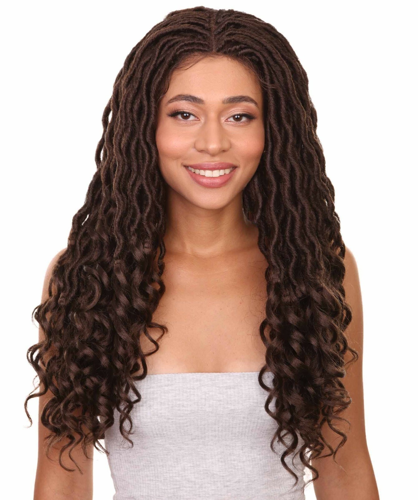 LUXLUXE Andrea 4×4 Curly Long 4X4 Hand Tied Lace Braid Chestnut Brown Wig