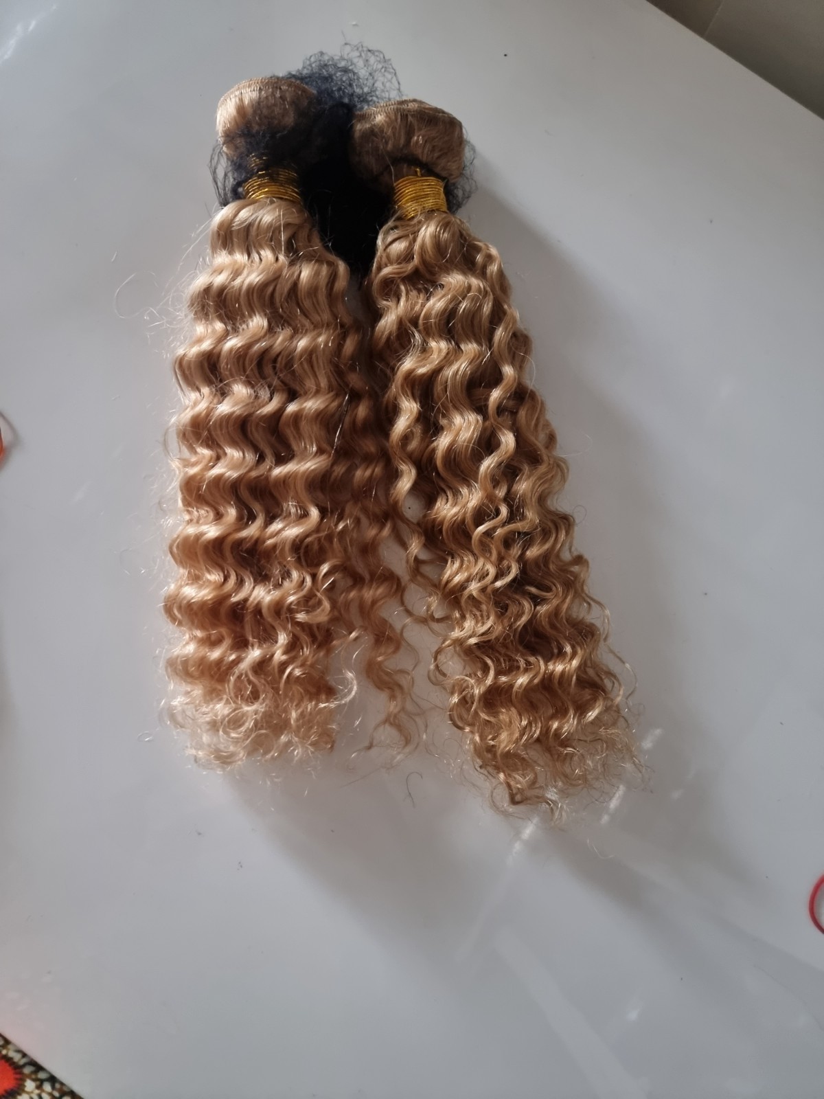 12A 16+18INCH 2BUNDLES REAL PERUVIAN HUMAN HAIR HONEY BLONDE 27# DEEP WAVES 200g
