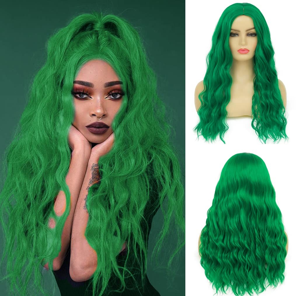Beweig Long Curly Wavy Green Wig for Women Middle Part Costume Cosplay