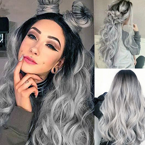 Long Curly Wave Black Grey Ombre Synthetic Wigs Heat Resistant Fashion Party