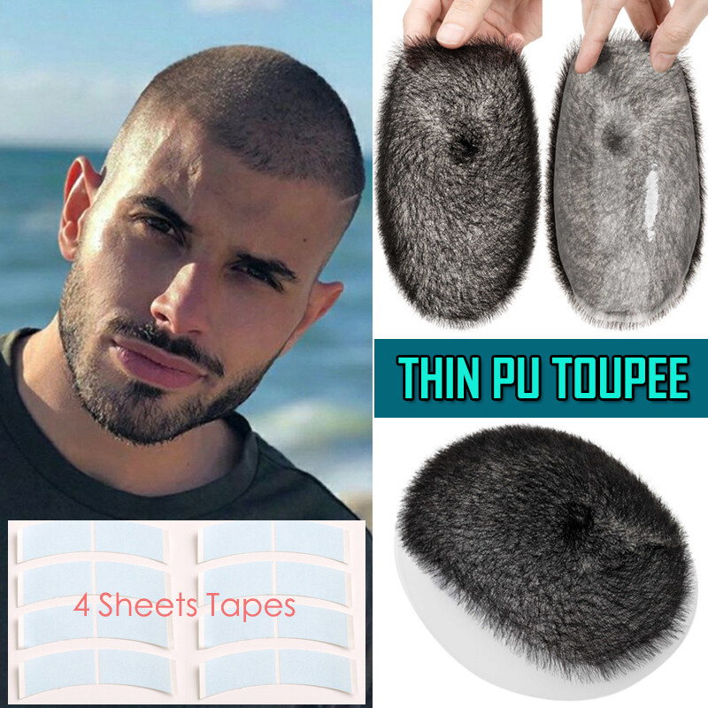 Mens Human Hair Toupee Ultra Thin PU Skin Wig Hair piece System Short Cut 1cm US