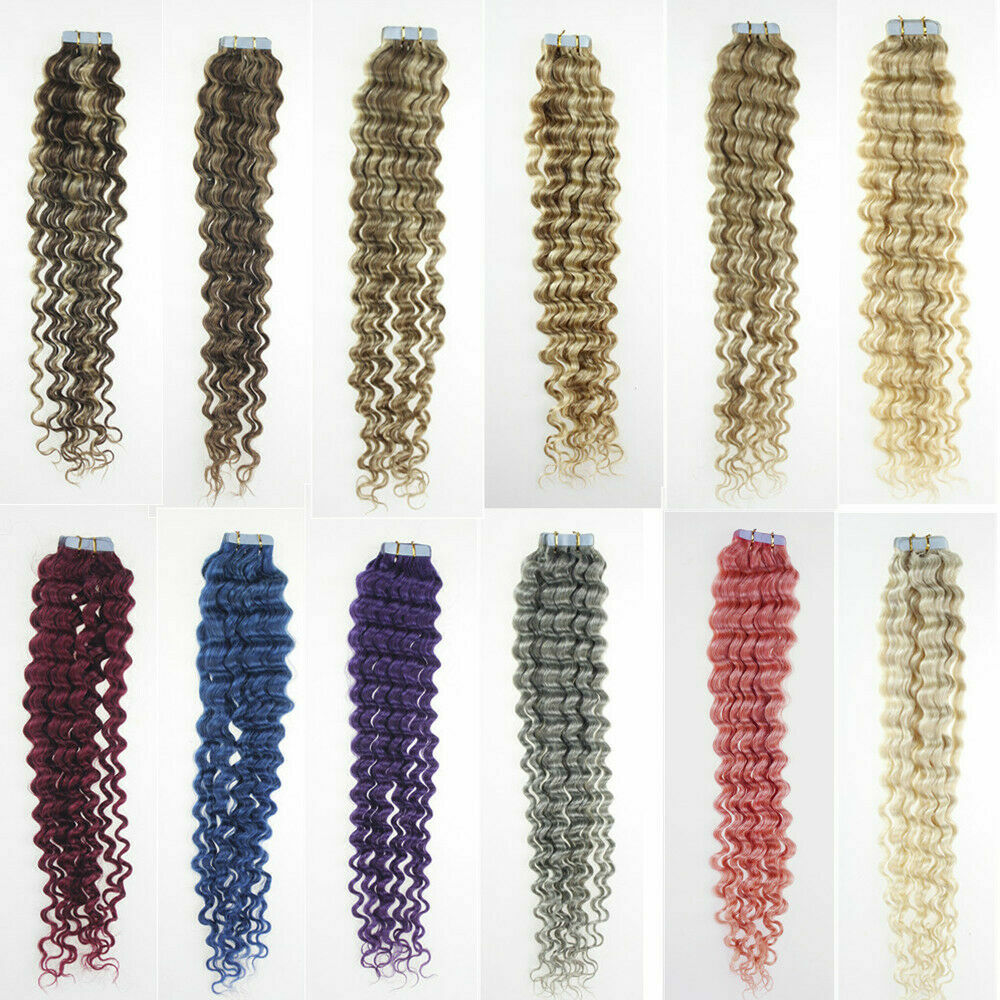 Seamless Tape In Brazilian Remy Human Hair Extensions Skin Wefts Deep Curly Hair