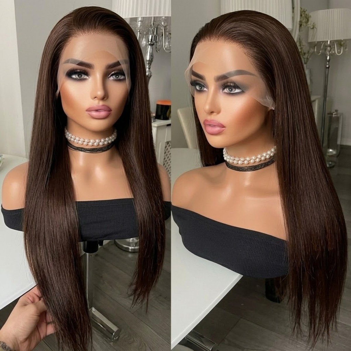Long Straight Choc Brown Glue Less Lace Front Wig Heat Resistant Hair