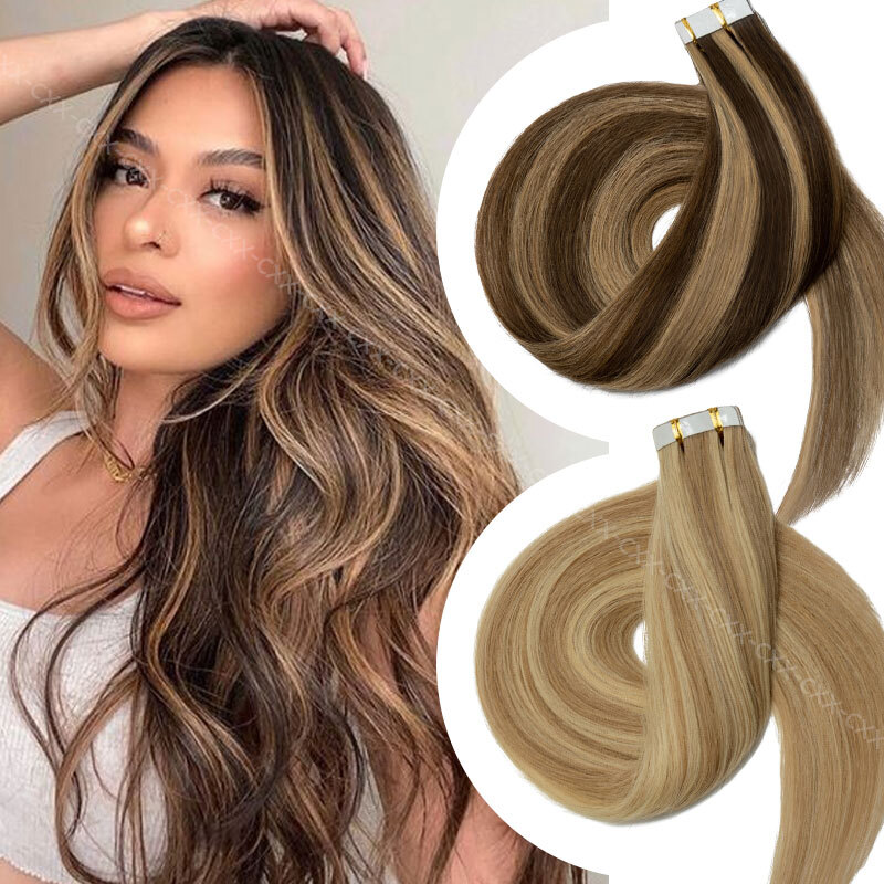 40PCS Tape-In Russian Remy Thick Human Hair Extensions Skin Weft Straight Blonde