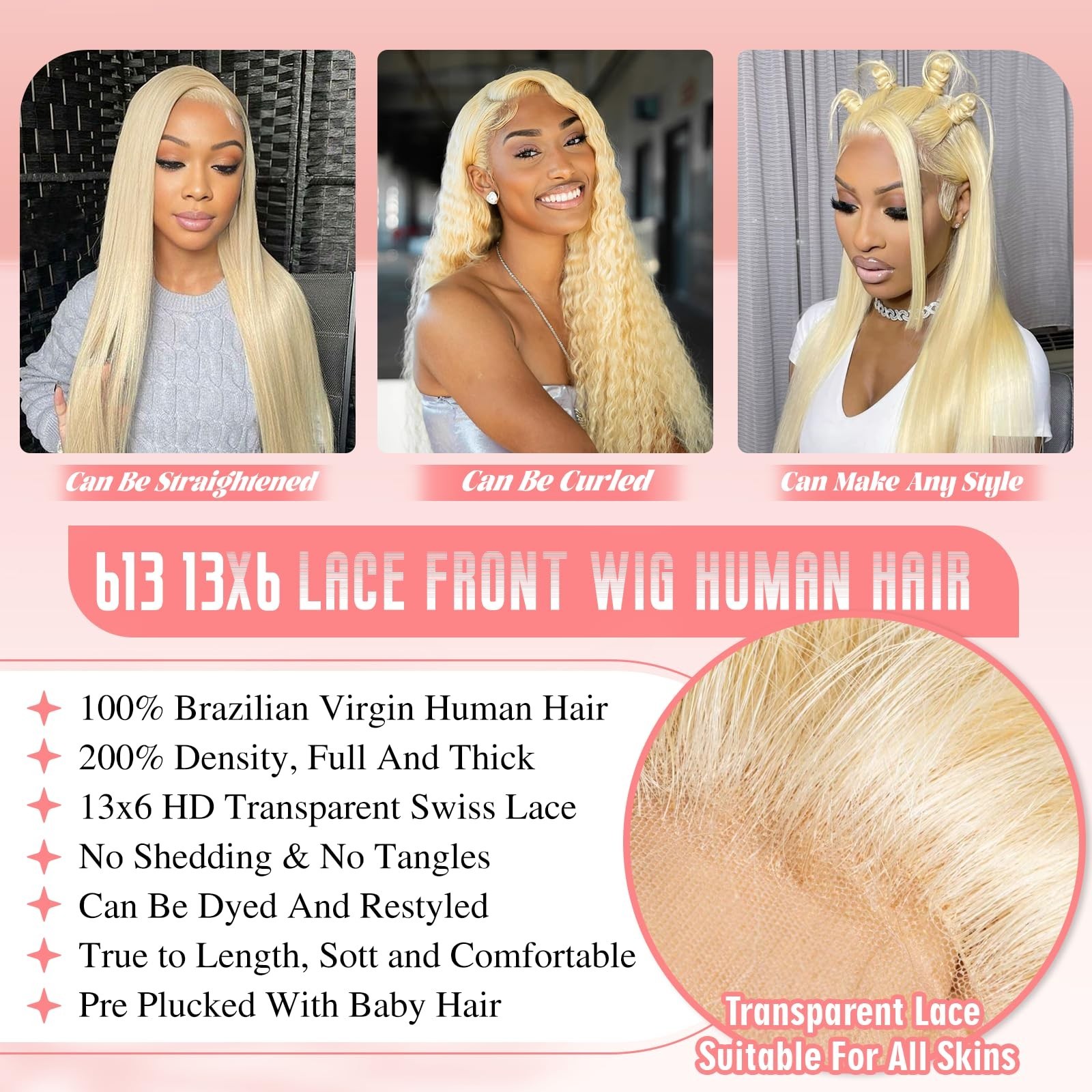 30″ Blonde Lace Front Wig, 13×6 HD Transparent, Pre-Plucked, 200 Density Body Wa