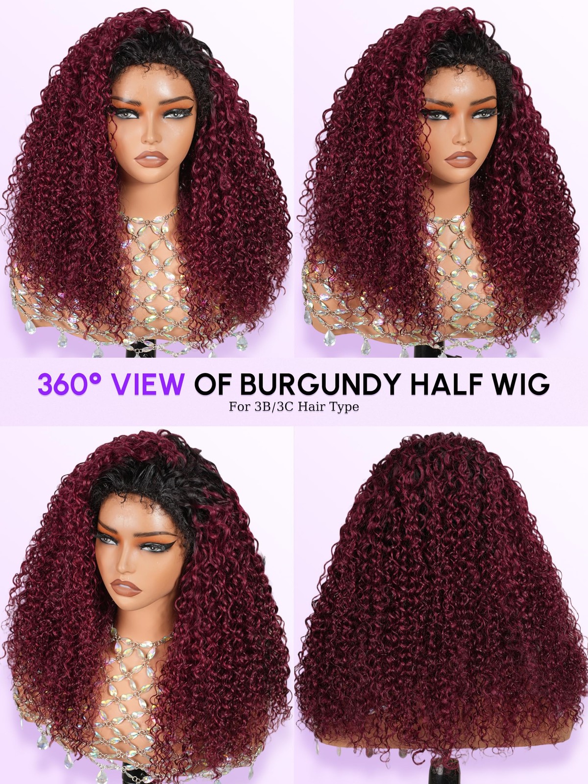 Shangyinfa Shangyin T1B/99J Half Wig Human Hair Water Wave Flip Over Half Wig