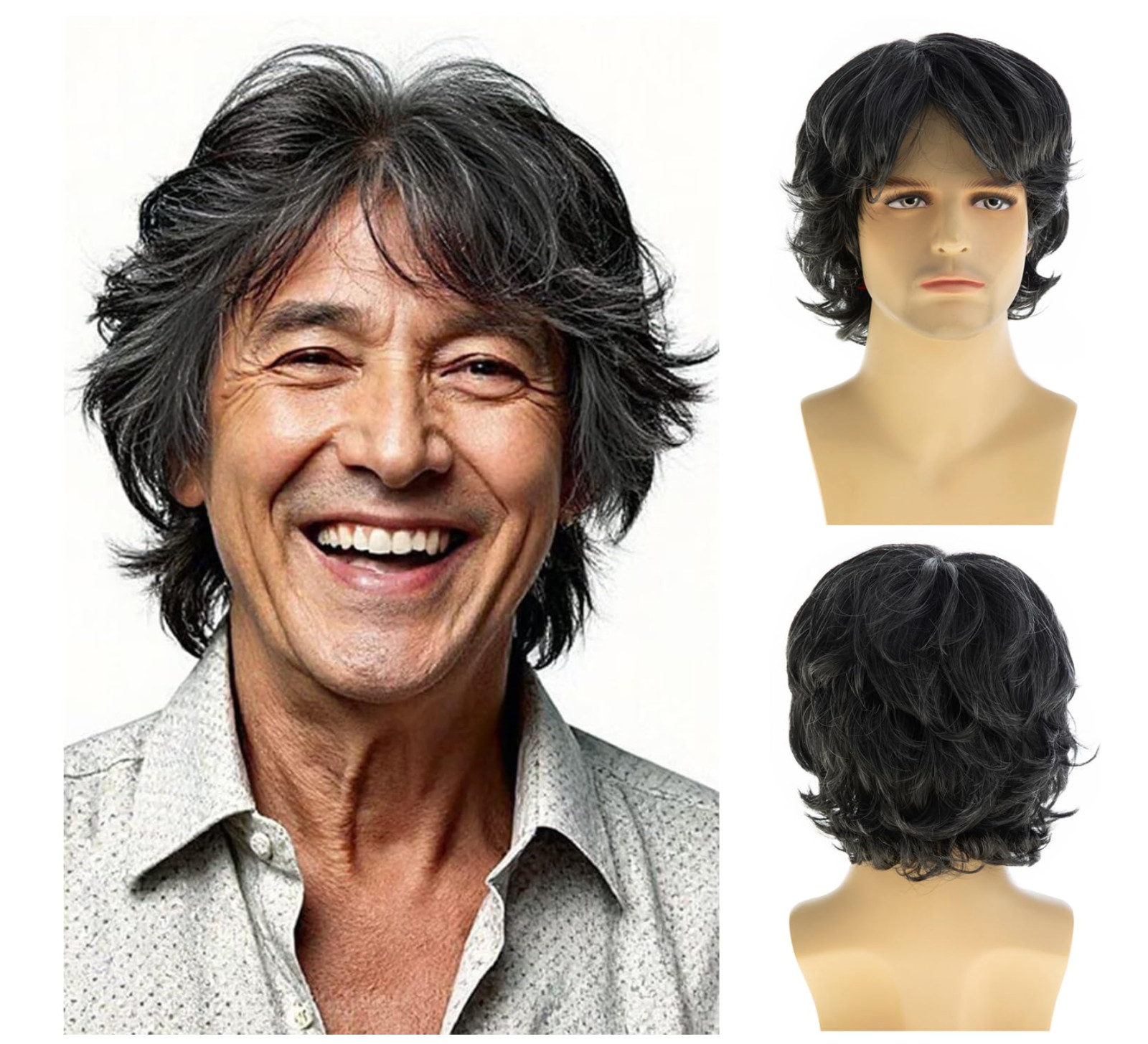 Mens Short Wavy Layered Grey Wig Synthetic Halloween Cosplay Black Grey