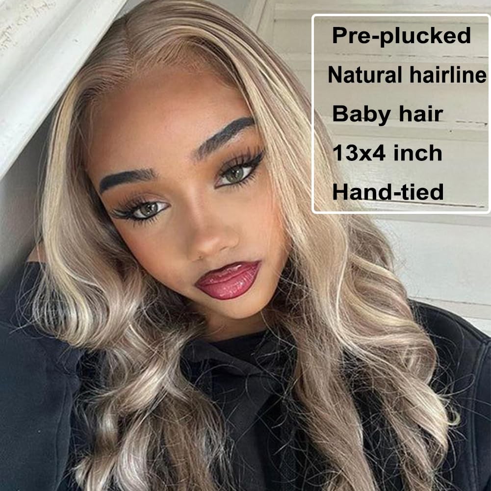 Highlight Ash Blonde Lace Front Wig Pre Plucked Glueless Long Wavy Brown Ligh
