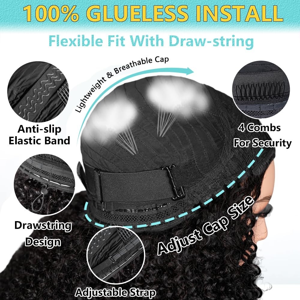 Kinky Curly 18″ Half Wig – 200 Density Drawstring Seamless Glueless Wig for Wome