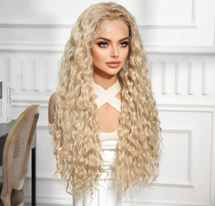 28 Inch High-temperature Silk 13*6 Long Curly Hair Wig, Lace Wig Golden Split…
