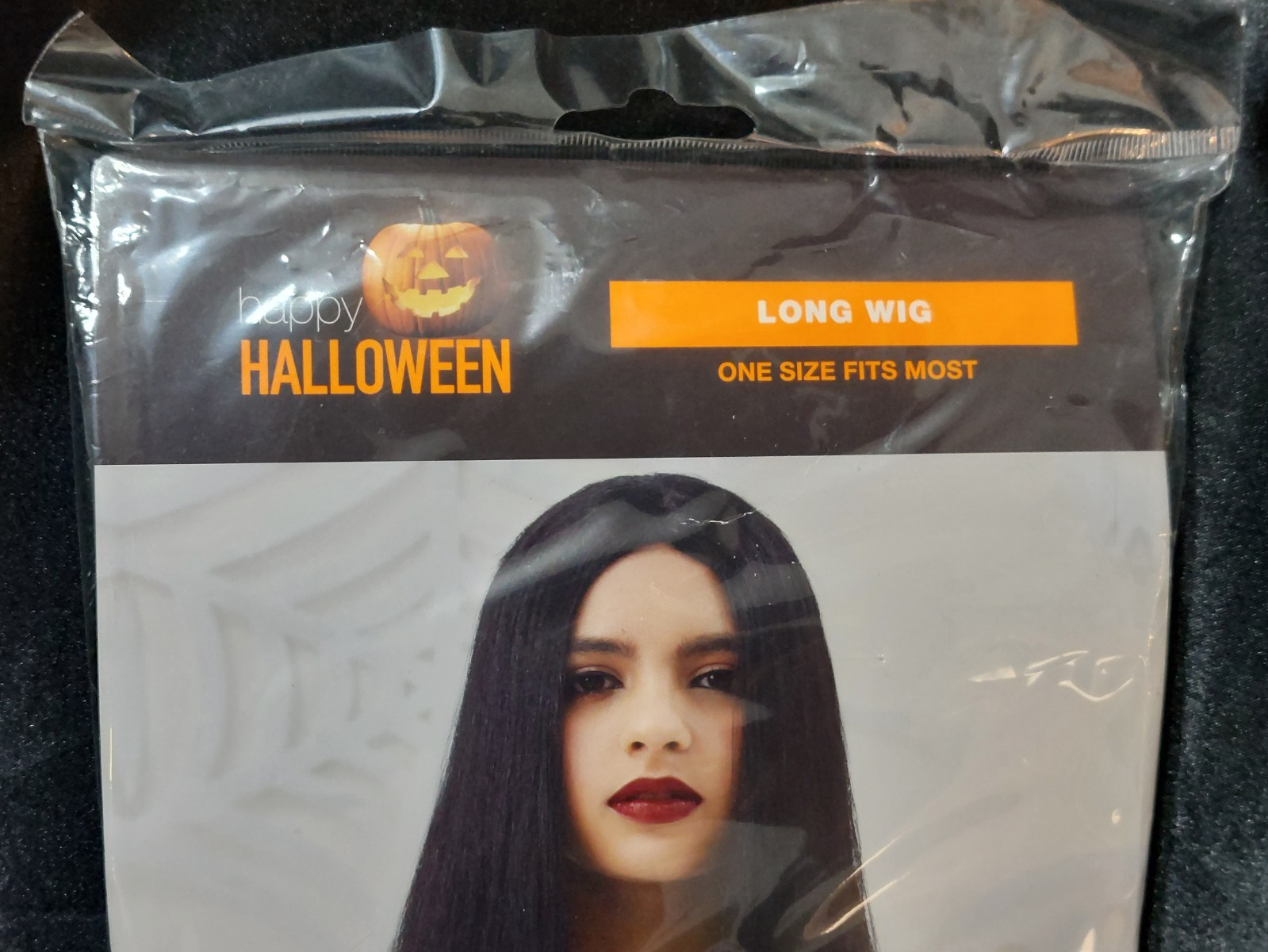 HAPPY HALLOWEEN LONG BLACK WIG – ONE SIZE FITS MOST – SEALED NEW IN BAG