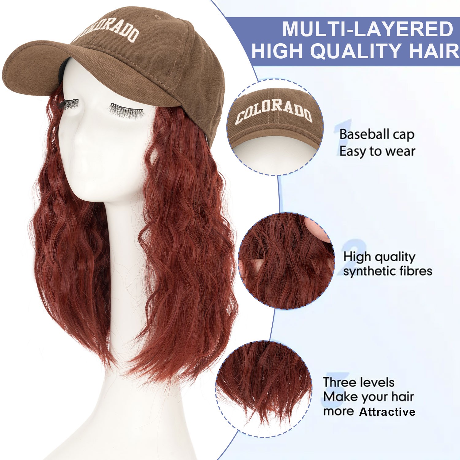 USA Cap with Hair Attached For Women Wig Hat with Hair Short Bob Style Synthetic