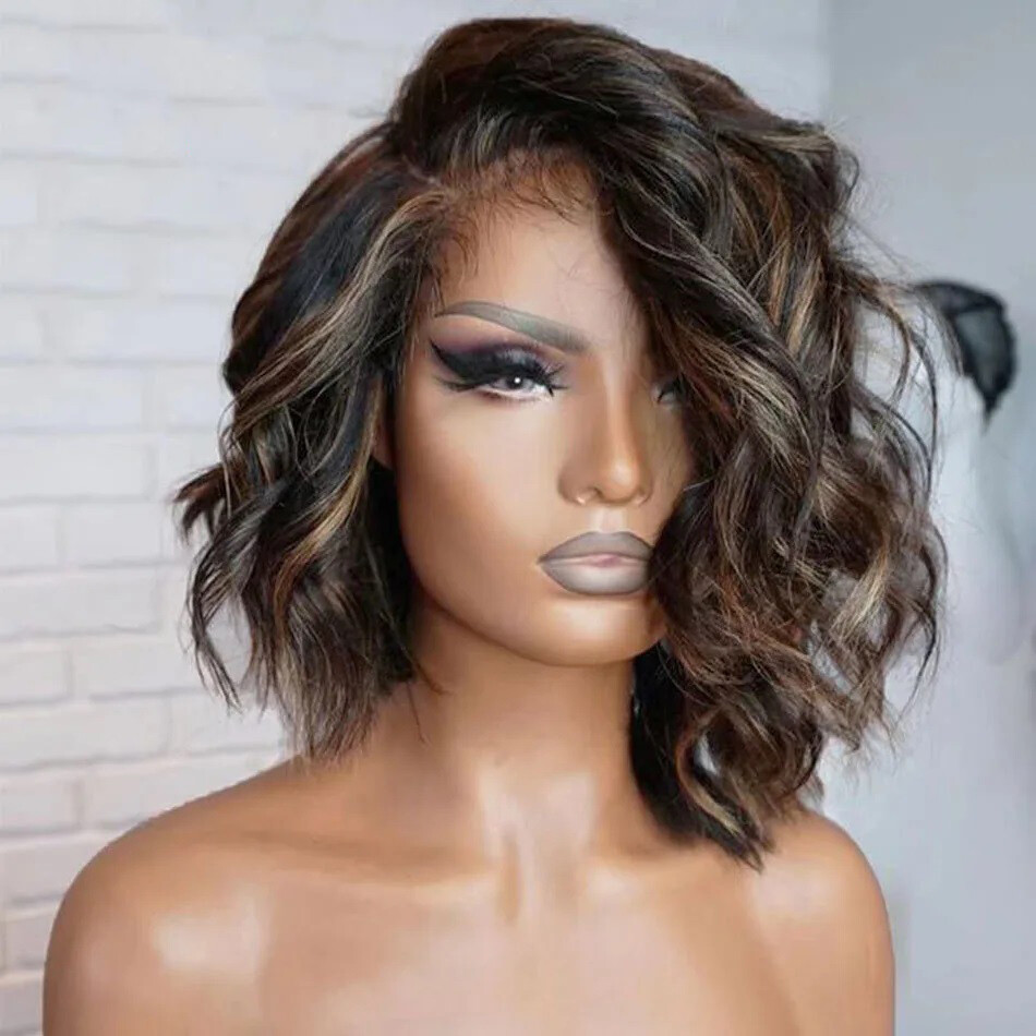 Blonde Highlight 13×6 Transparent Lace Front Wigs Ombre Human Hair Short Wavy