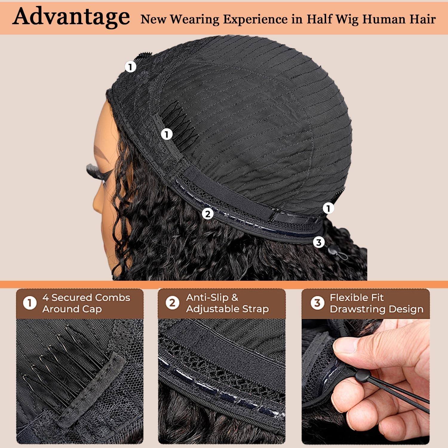 Kinky Curly Half Wig 22″ Human Hair, Glueless Flip Over, 200% Density, Beginner