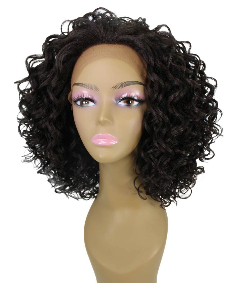 LUXLUXE Oya Curly 14.5 Inch Long 4X4 Hand-Tied Lace Front Wig, Dark Brown