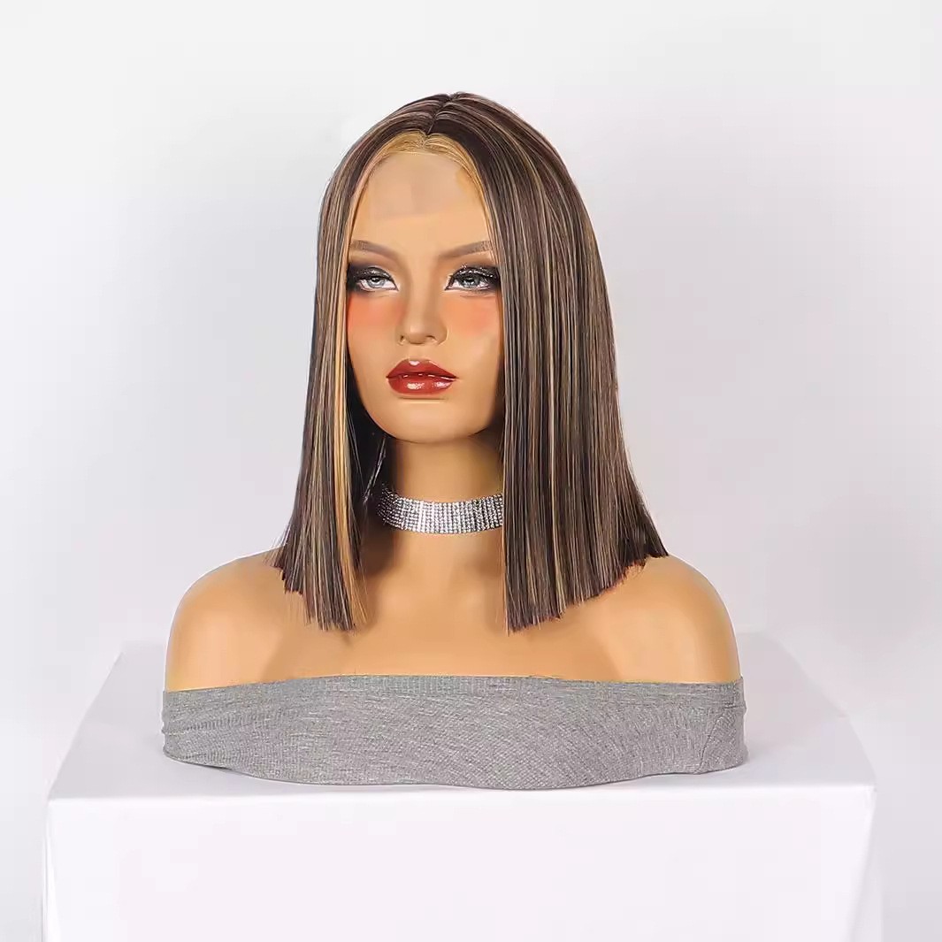 Small Lace Brown Highlight Short Straight Wig For Women Synthetic Heat