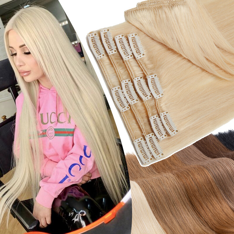 Smooth 8Pieces Clip In Human Remy Hair Extensions 100% Real Full Head Blonde USA