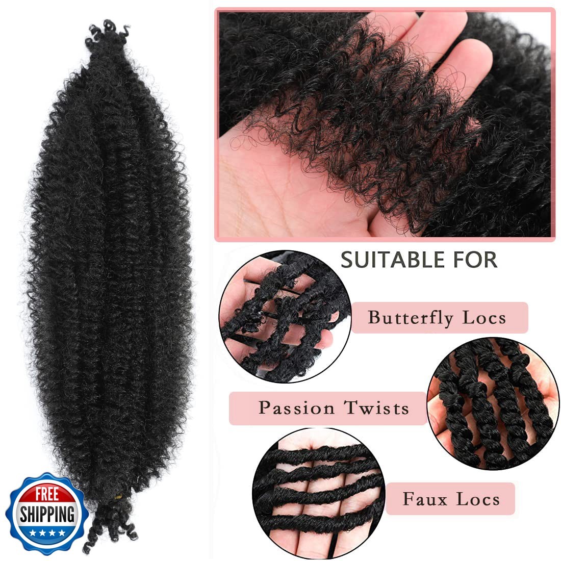 36 Inch Pre-Separated Springy Afro Twist Hair 8 Packs Black Pre-Fluffy Natura…