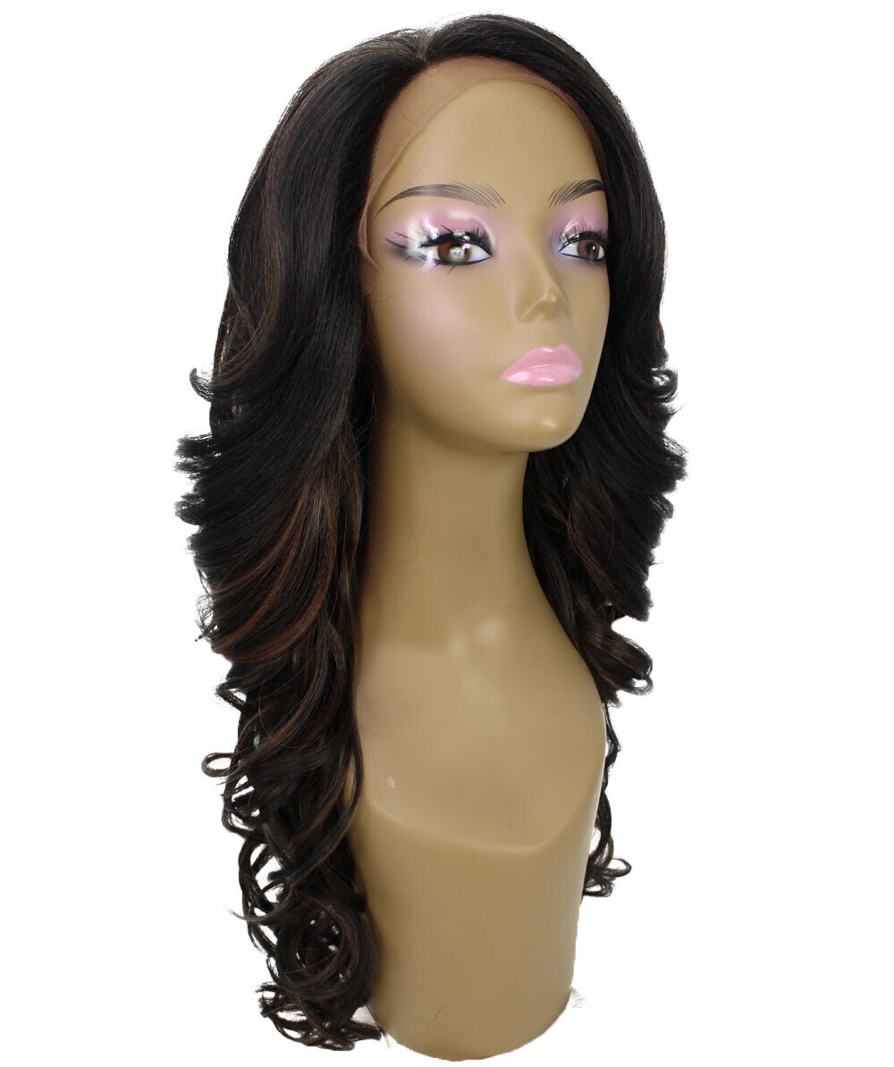 Wavy 24.5 in 13×2.5 Hand Tied Lace Front Wig, Brown with Caramel Highlights