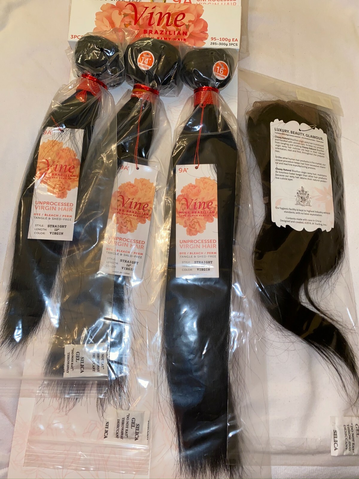 UNPROCESSED 9 A BRAZILIAN STRAIGHT VIRGIN HAIR LOT 3 & 4X4 CLOSURE “12,14,16