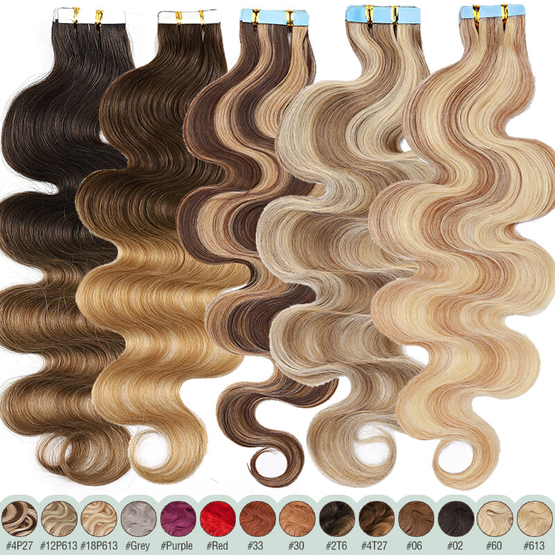 Body Wave Tape In Hair Extensions 100% Remy Human Hair Skin Weft 20/40/60pcs