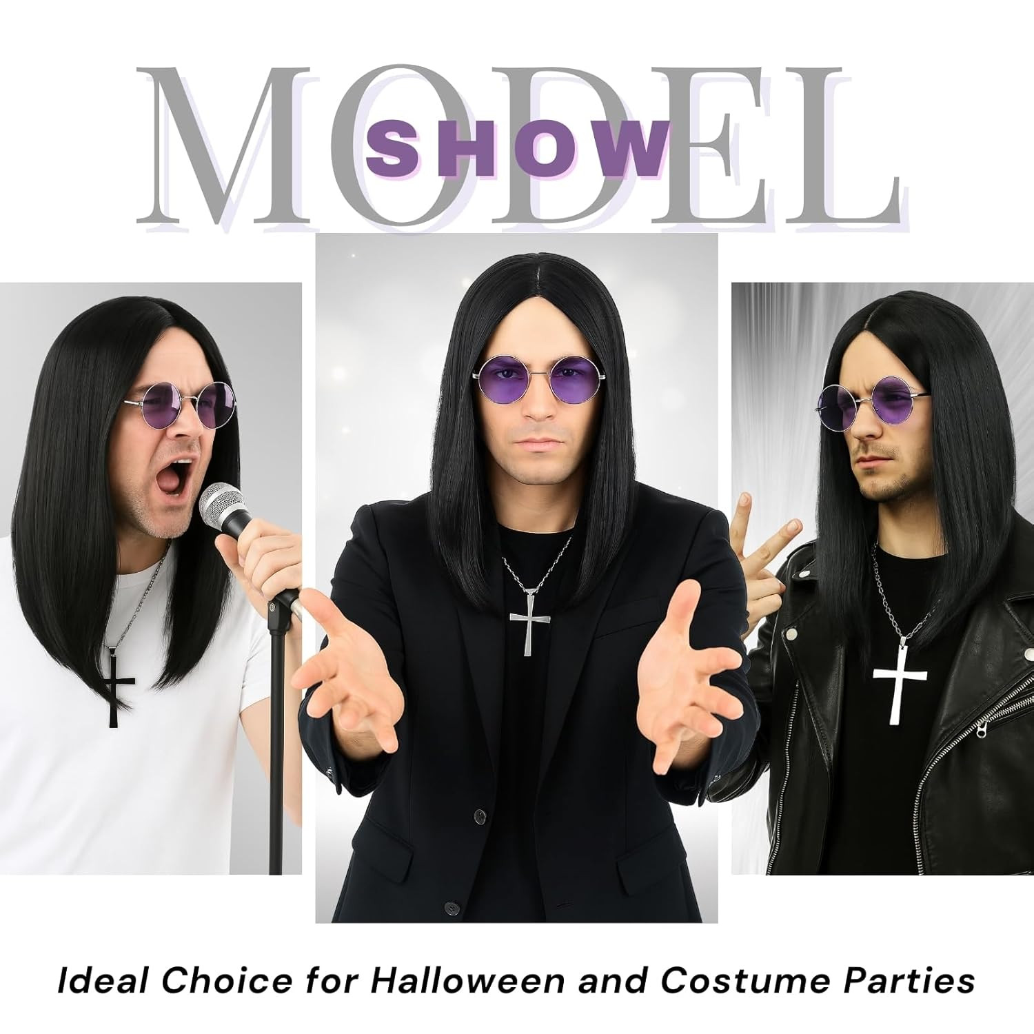 Morvally Long Black Straight 80S Heavy Metal Rocker Wig for Men – Center Parting