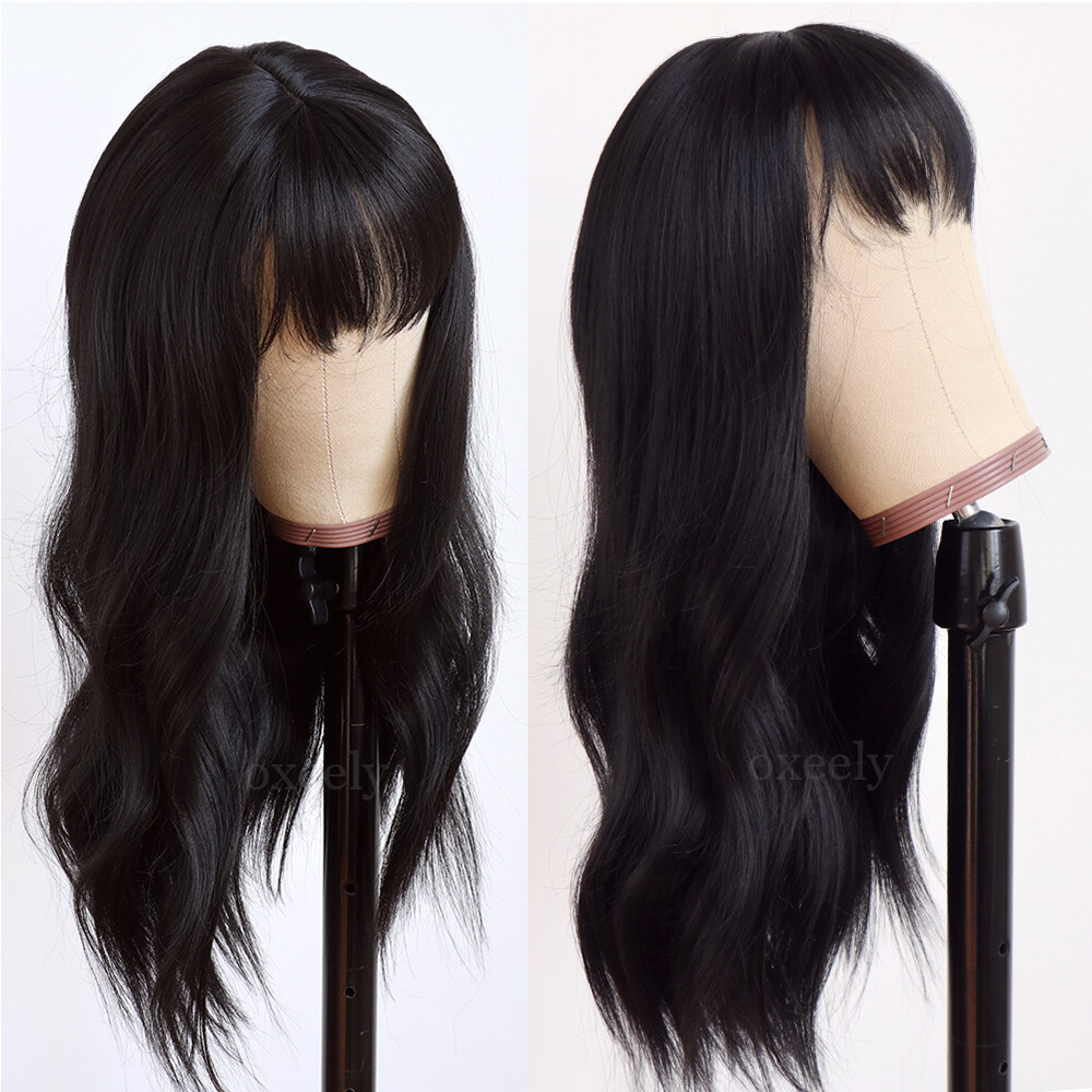 Cosplay Wig With Bangs Heat Resistant Hair Long Wavy Layered Women Black