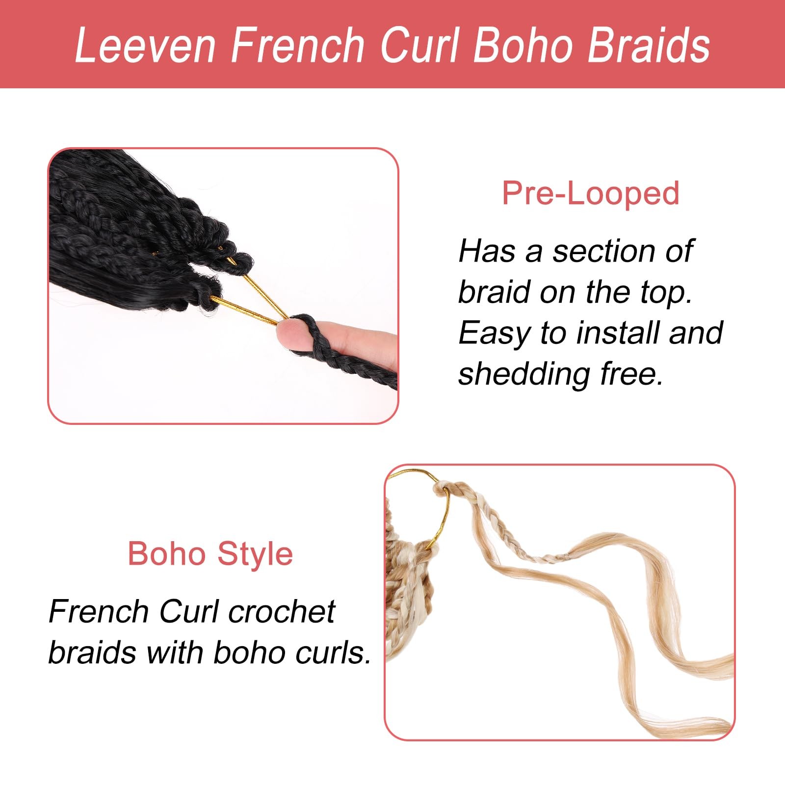 Leeven Boho French Curl Crochet Braids 18 Inch 8 Packs Black Pre Looped Curly