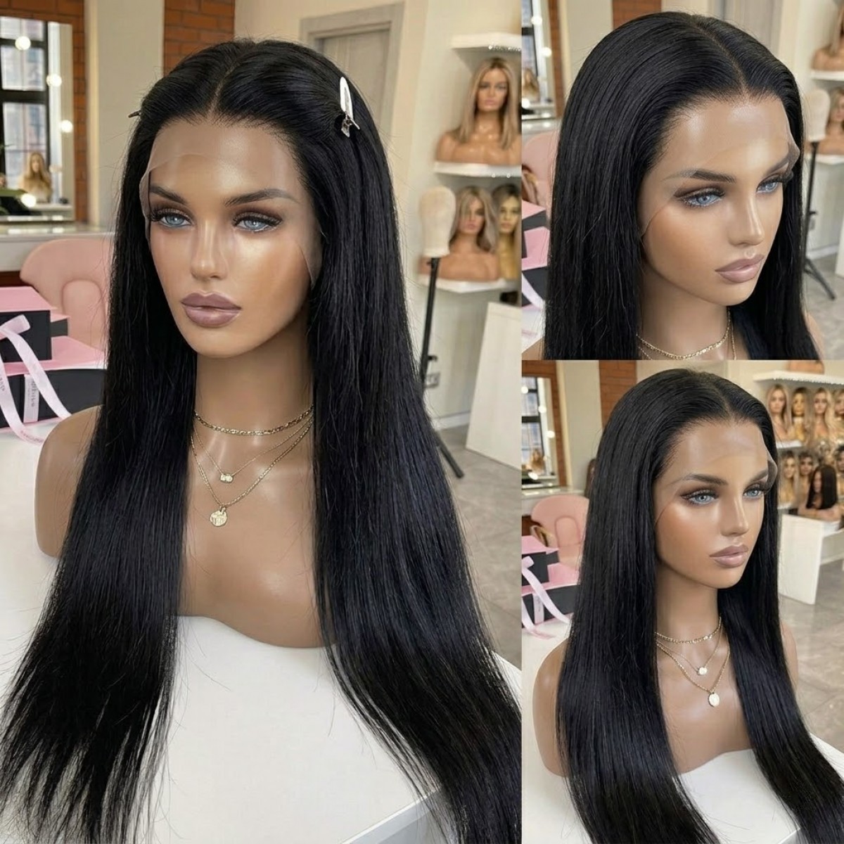 Long Straight Heat Resistant Synthetic Hair Black Frontal Lace Wigs