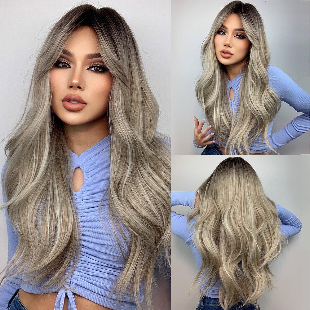 Synthetic Long Wavy Wig Ombre Platinum Brown Blonde White Wig Heat Resistant