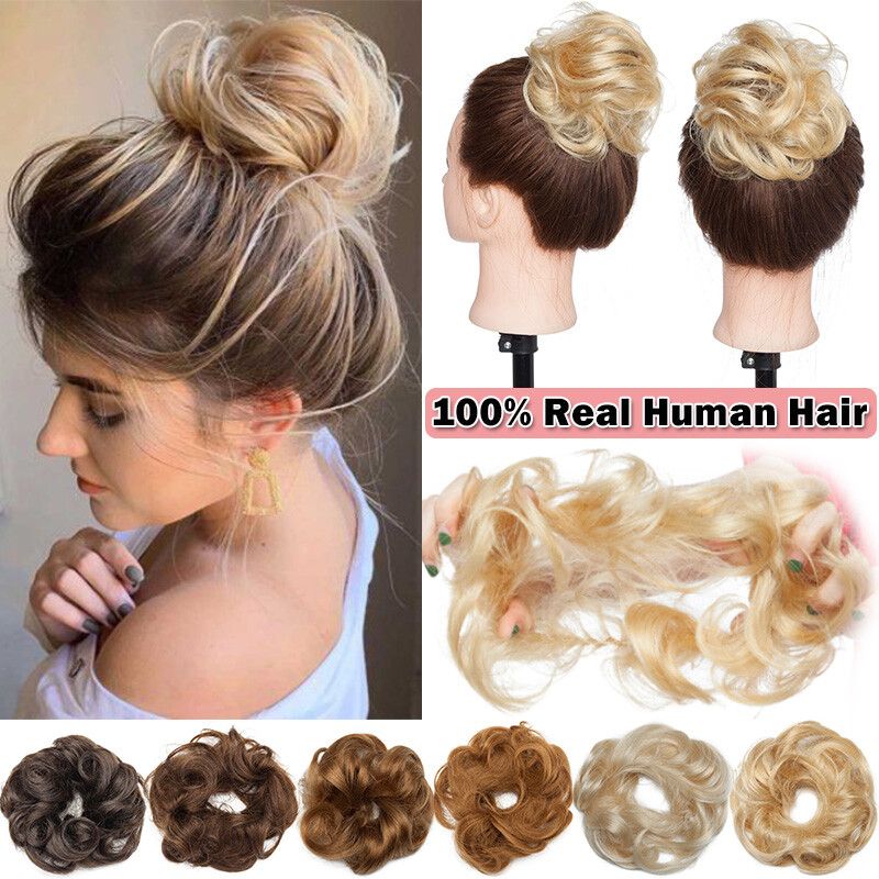 100% Real Human Hair Piece Clip In Wrap On Around Chignon Messy Bun Elastic Band