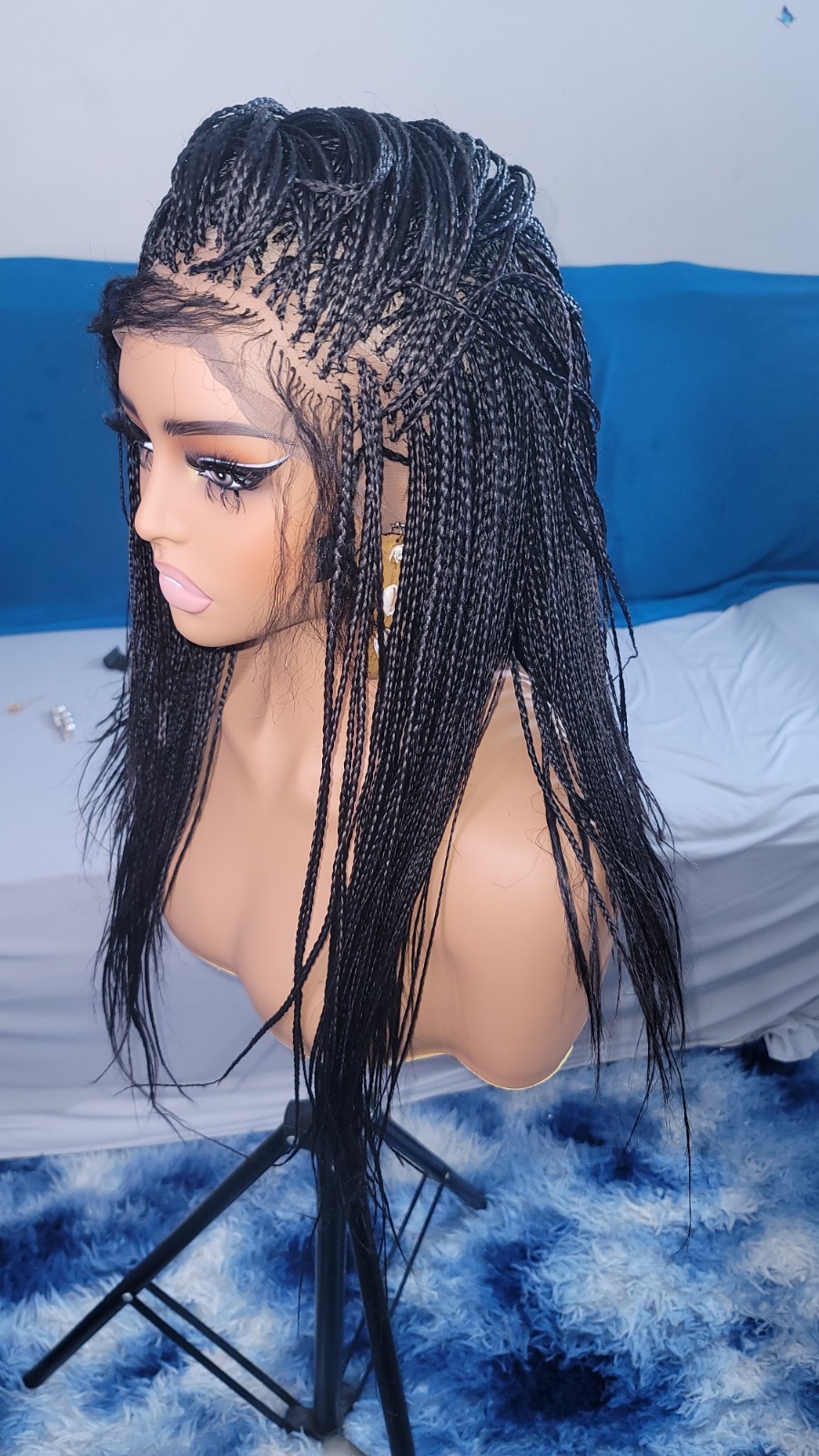 Braided Wig Full Lace Glueless 16″ Micro Boho Braids Jet Black #1 Short Handmade