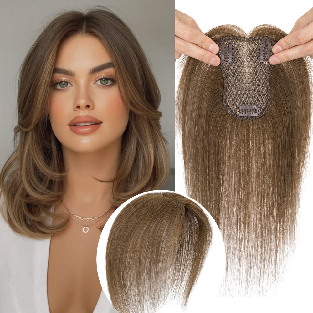 Clip in 100% Human Hair Topper with Curtain Bangs Hairpiece 9×12cm Full Lace US