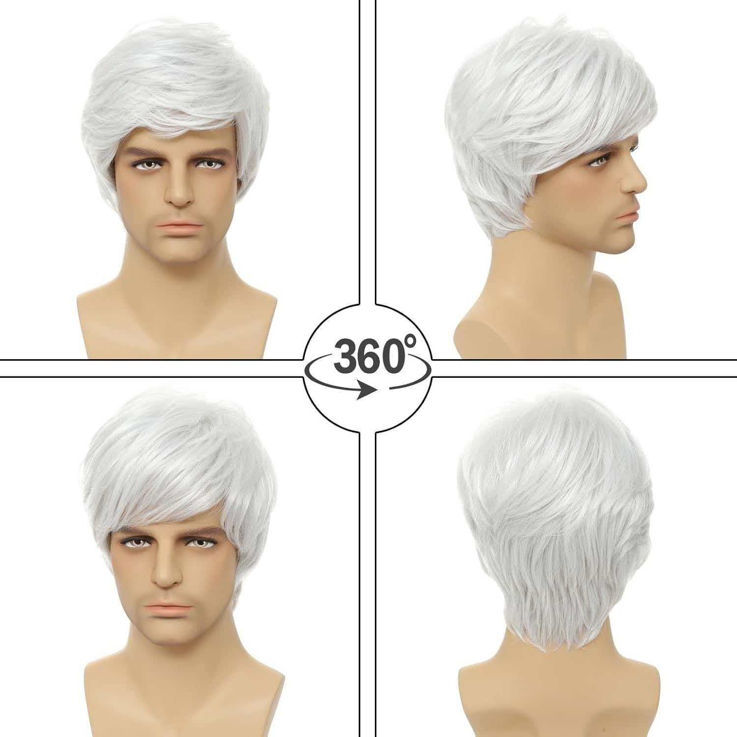 Men’s 6in Short White Straight Wig Full Cosplay Party Synthetic Heat Resistant