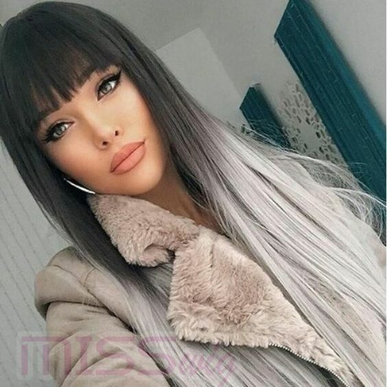 Long Ombre Black to White Wig With Bangs Straight Synthetic Wigs Heat Soft Fiber