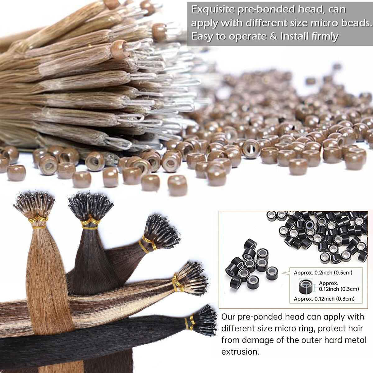 300PCS Thick Remy Human Hair Extensions Nano Ring Micro Loop Beads Highlight USA