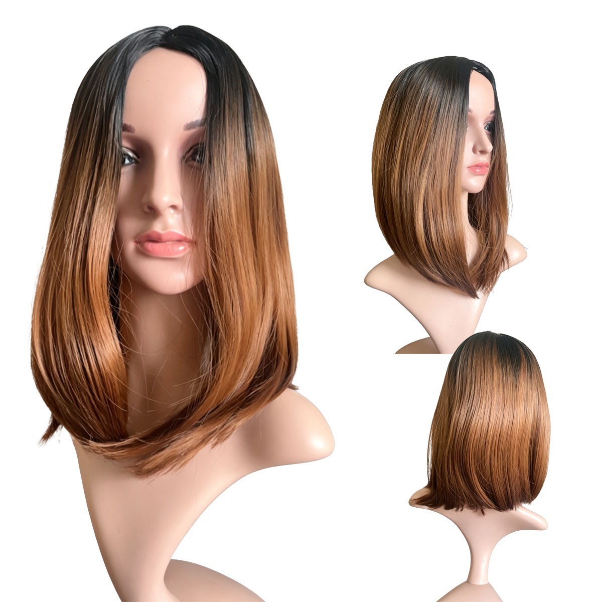 Black Ombre Brown Long Synthetic Hair Wig for Women Party Natural Middle Part Wi