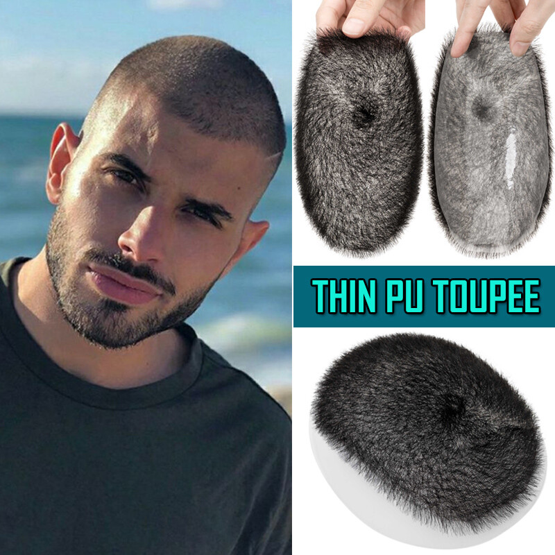 Thin Skin PU Toupee 100% Human Hair Replacement System 5″x7″ Mens Short Cut Wigs
