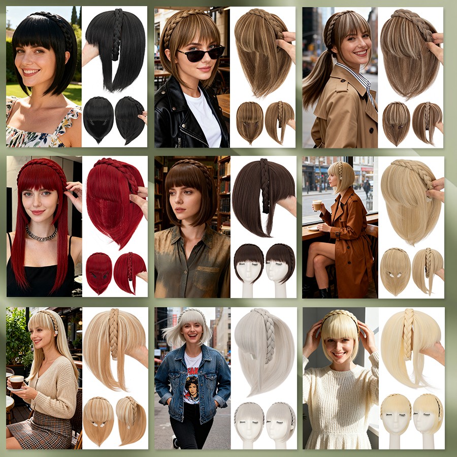 Braided Headband Topper Hairpiece Clip In Fringe Bang Hair Extension with Temple