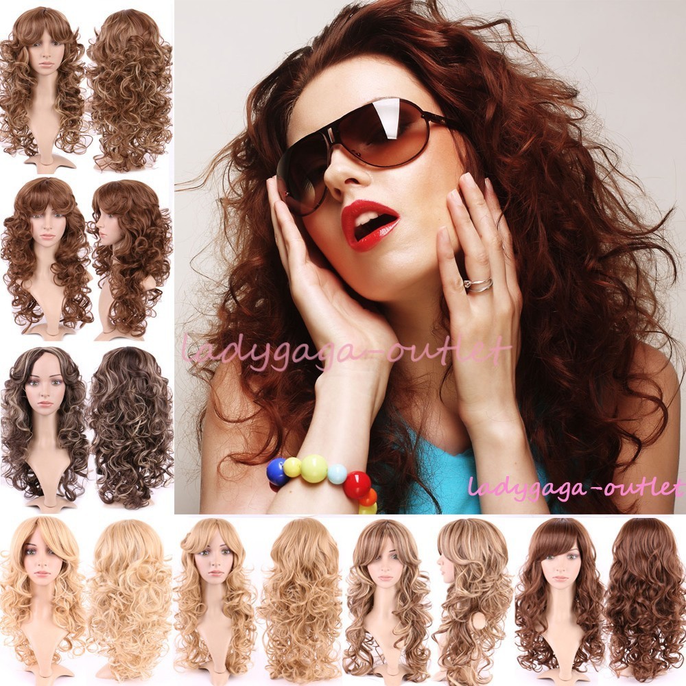 Women Long Wig with Bangs NEW Curly Wavy Stylish Party Costume Hair Full Wigs US