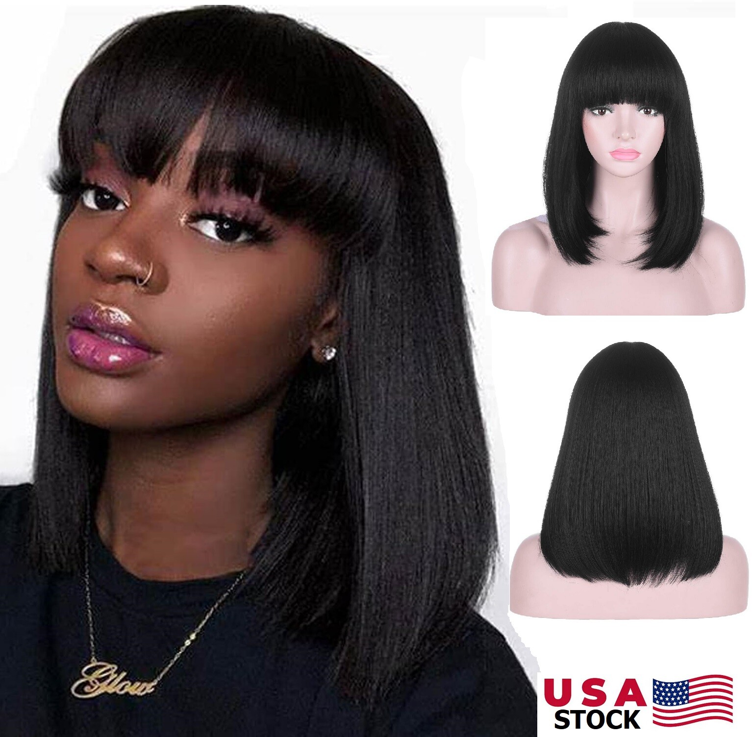 Women’s Black Bob Wig Short Straight Synthetic Fiber Hair Full Bangs Cosplay Wig