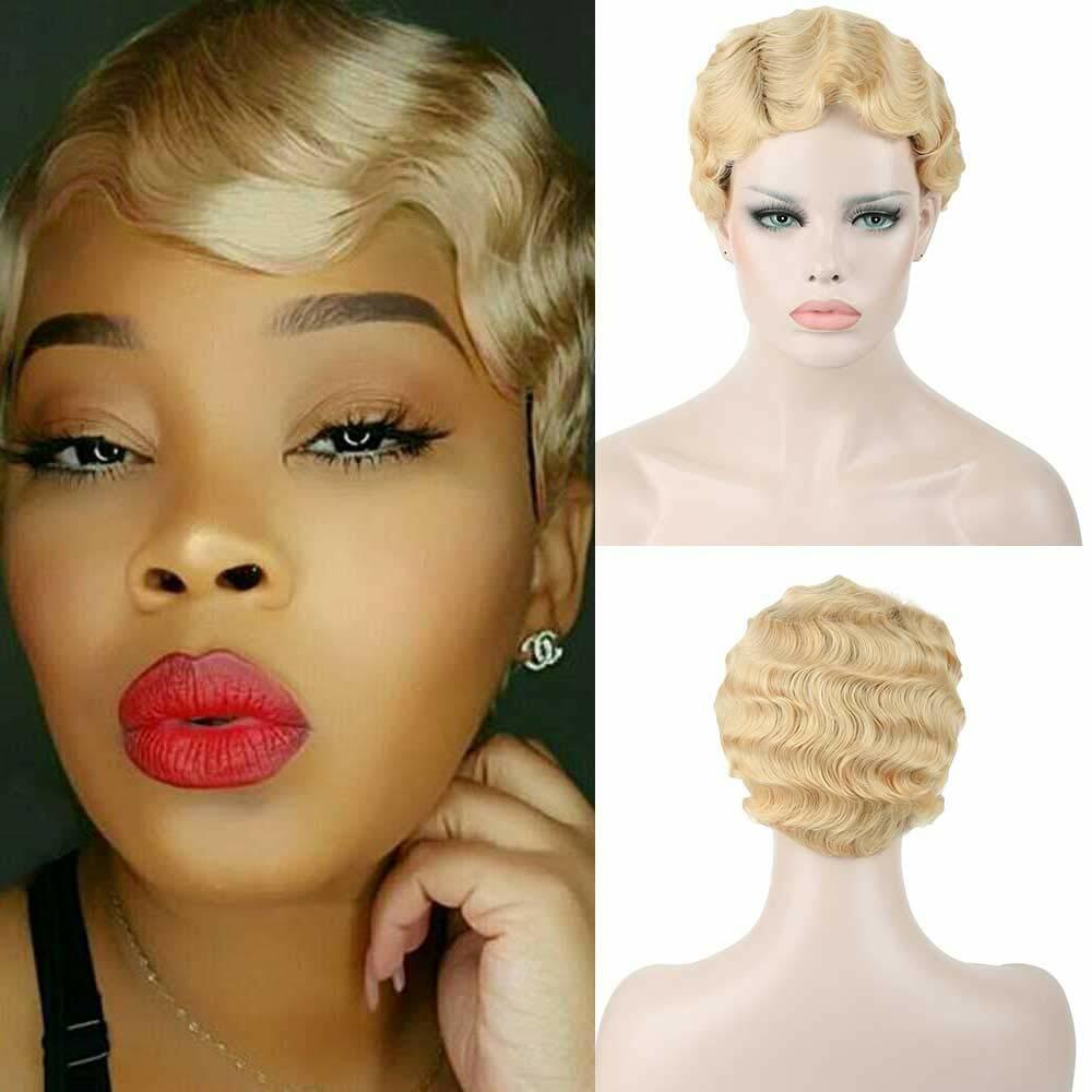 613 Light Blond Short Finger Wave Pixie Cut Wigs 100% Human Hair Wigs Party Wigs