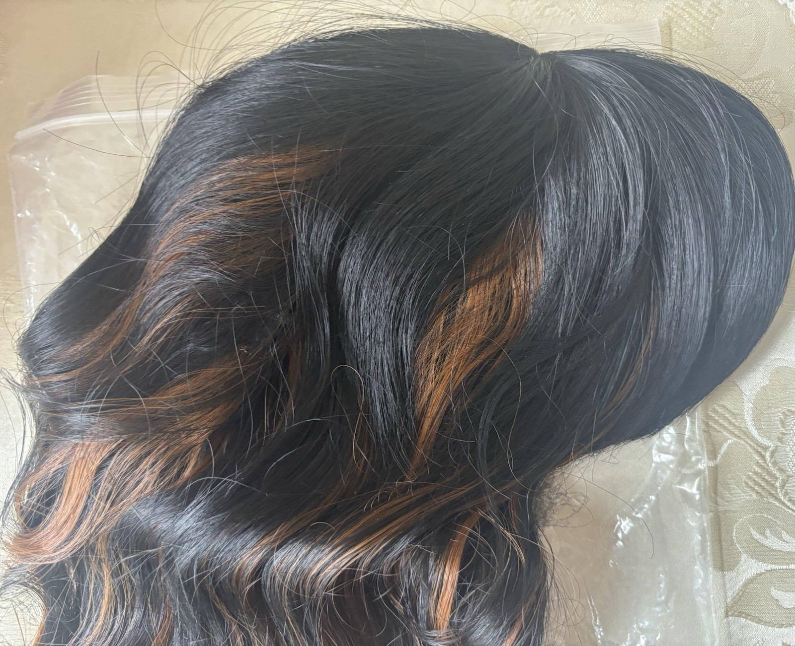 NWOT Human Hair Wavy Wig Black W/Brown Highlights SOFT Lace Front 15”