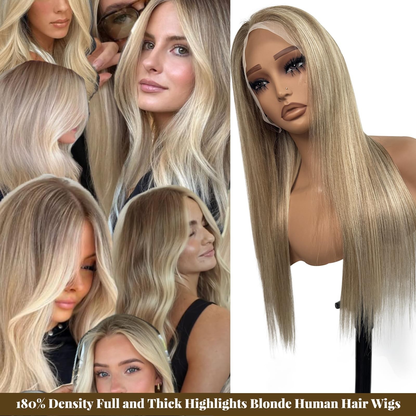 20″ Ombre Lace Front Wig Human Hair, Ash Brown to Blonde, Pre-Plucked, 180% Dens